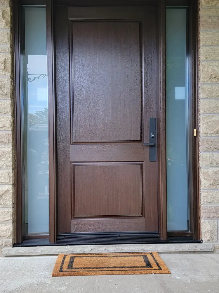 Stained wood-grain door, two sidelites