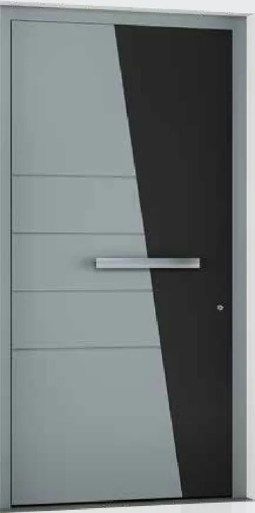 Aluminum entry door style: grey with a black diagonal