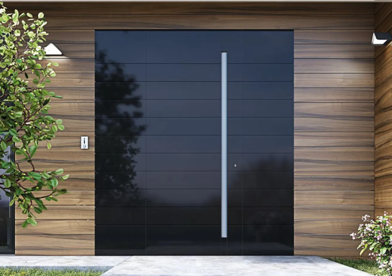 Modern black glass-faced aluminum entry door with a full-height pull, set in a wood-clad wall