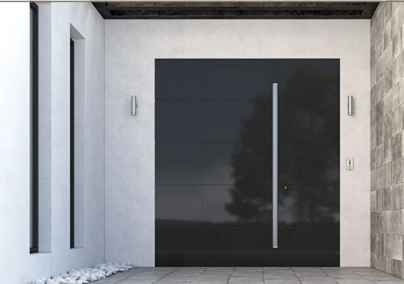 Black glass-faced aluminum front door on a white modern house