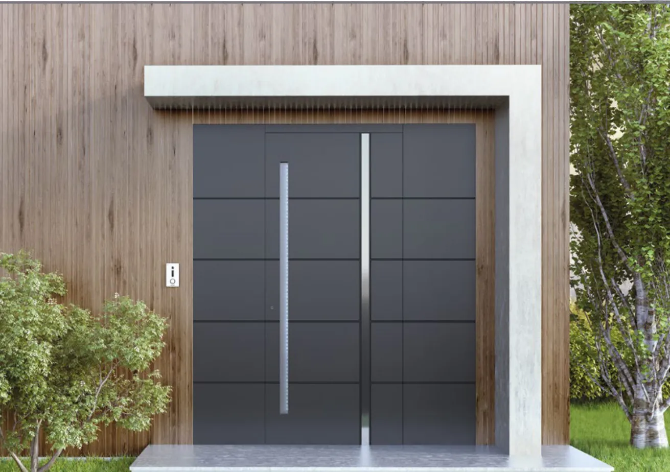 Wide dark aluminum double front door with a white surround