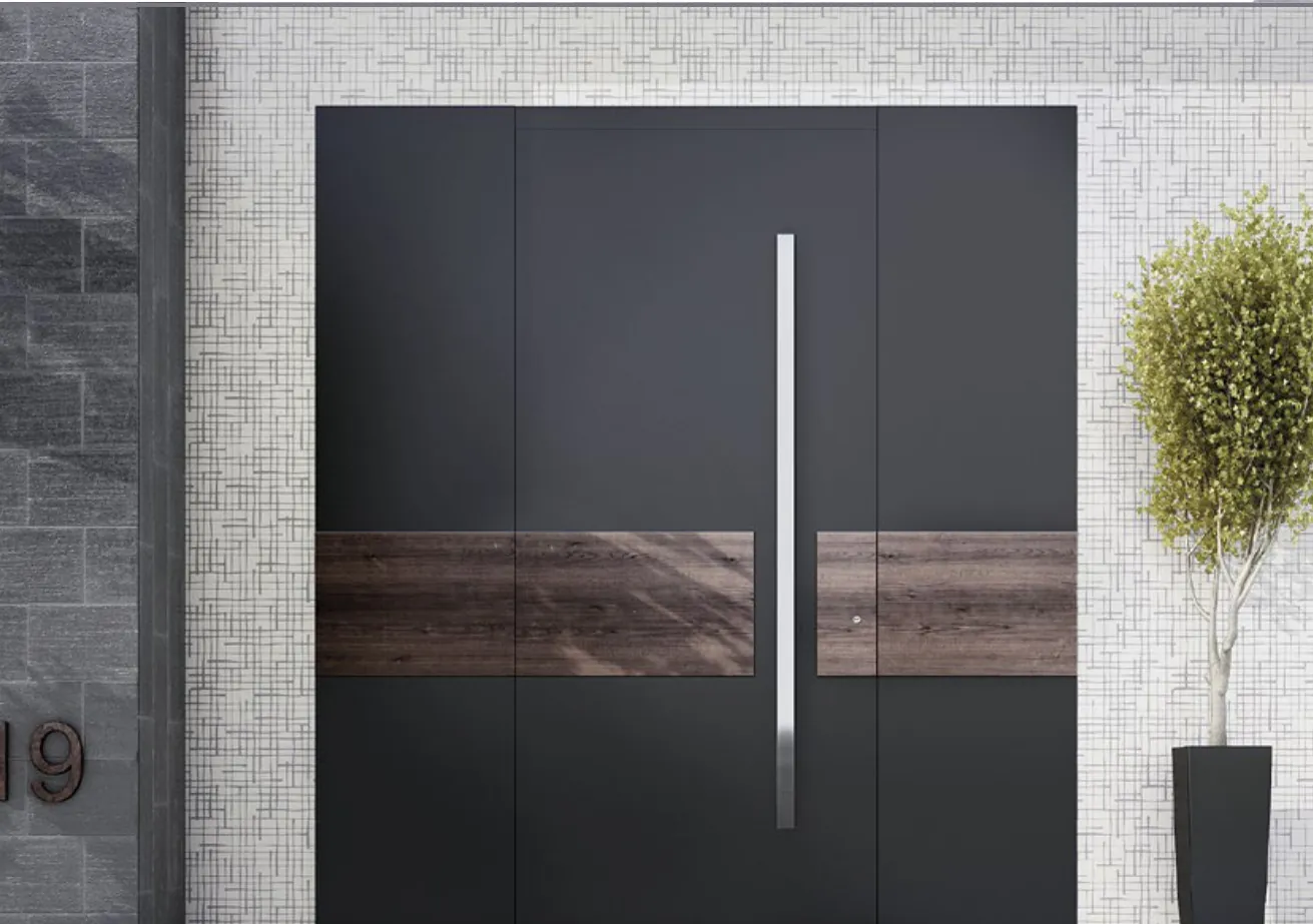 Black aluminum double door with a wood-look band across it