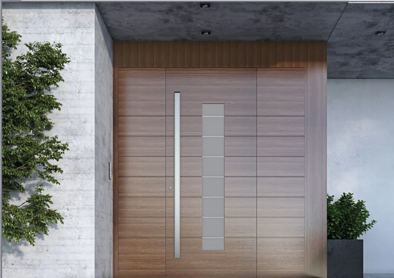 Wood-look aluminum front door with a narrow glass strip